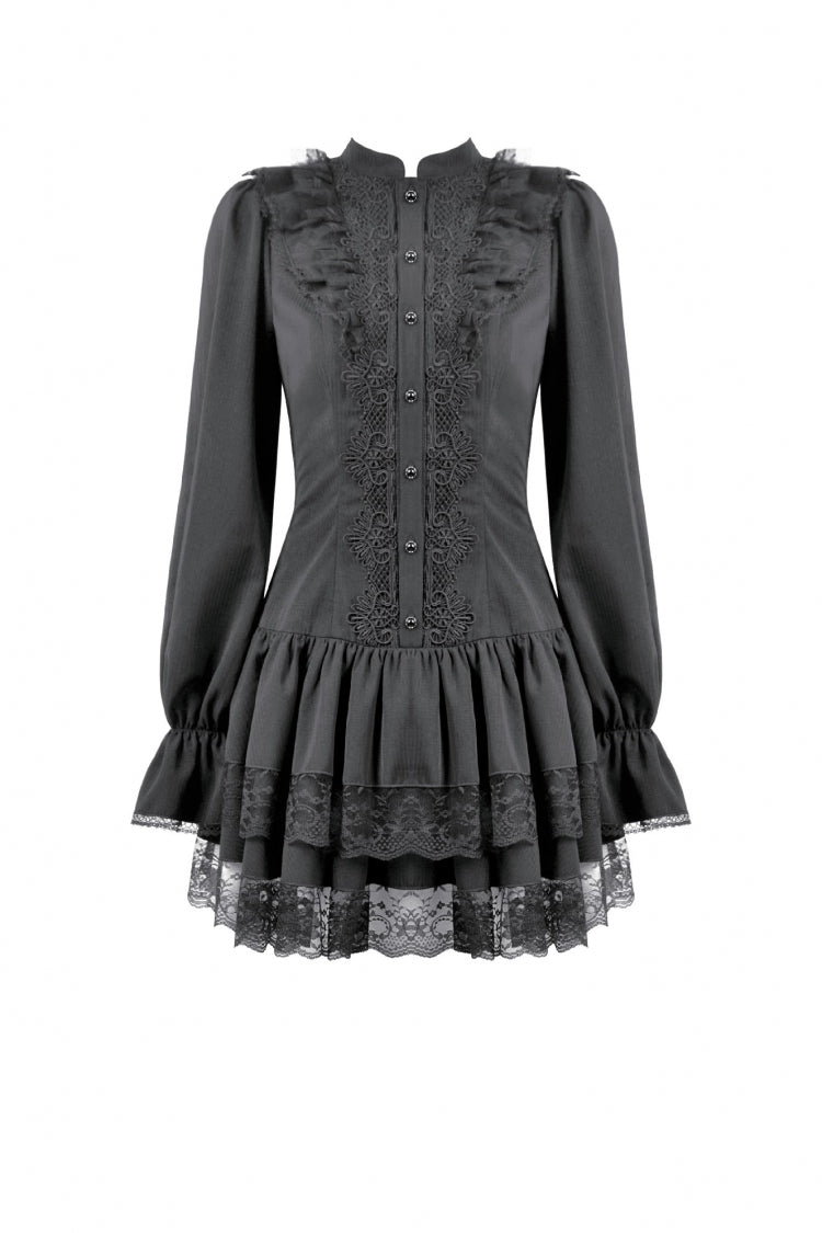 Black Long Bishop Sleeves Double-Layered Lace Hem Lace-Up Women's Gothic Dress - Product - 3
