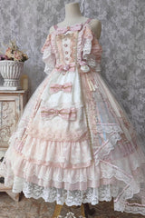 Pink [Moonlight Melody] Off Shoulder Sleeveless Multi-Layered Hanayome Open-Front Bow Lace Sweet Gorgeous Lolita Jsk Dress Set - Product - 3