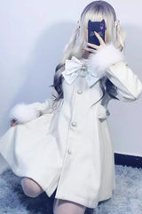 Plush Lop Rabbit Long Sleeves Hooded Detachable Sweet Jirai Kei Lolita Coat 2 Colors - White - 8