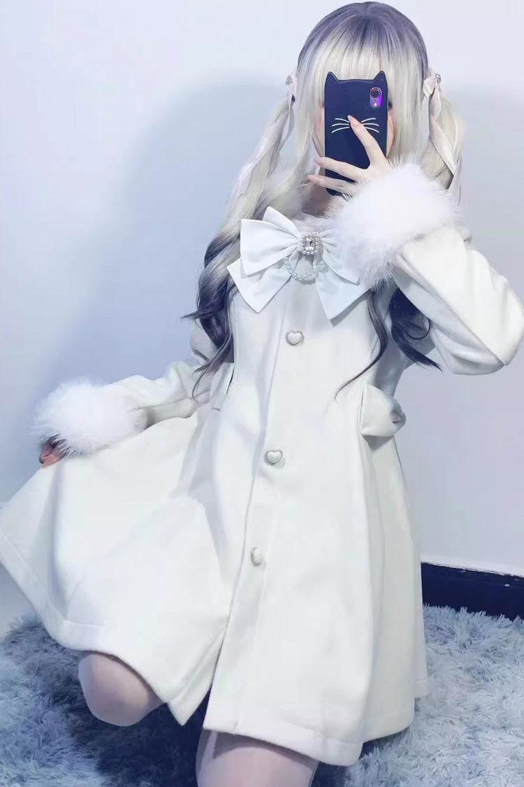 Plush Lop Rabbit Long Sleeves Hooded Detachable Sweet Jirai Kei Lolita Coat 2 Colors - White - 8