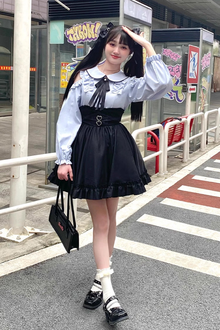 Black/Blue Off Shoulder Long Sleeves Ruffle Bowknot Sweet Jirai Kei Japanese Set - Product - 9