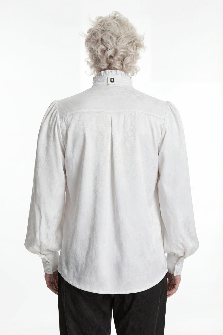White Stand Collar Long Lantern Sleeves Jacquard Embroidered  Men's Gothic Palace Shirt with Detachable Tie - Product - 4