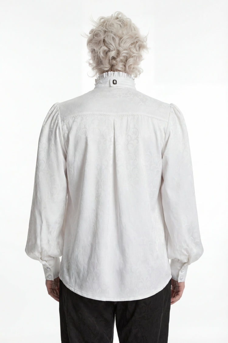 White Stand Collar Long Lantern Sleeves Jacquard Embroidered  Men's Gothic Palace Shirt with Detachable Tie - Product - 4