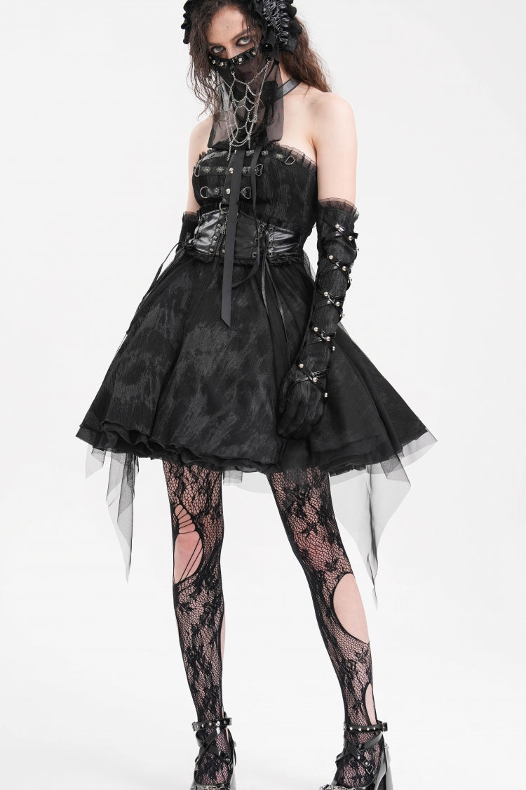 Black Halterneck Backless A-Line Women's Gothic Punk Short Dress - Product - 5