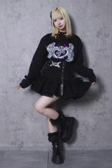 Black High Waisted Ruffle Embroidery Gothic Jirai Kei Japanese Skirt - Product - 4