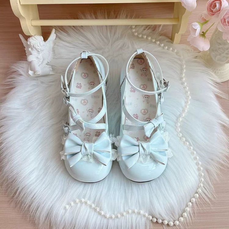 Bowknot Cross Bandage Kitten Shaped Special Heel Mid-Heel Shoes 5 Colors - Sky-Blue - 5