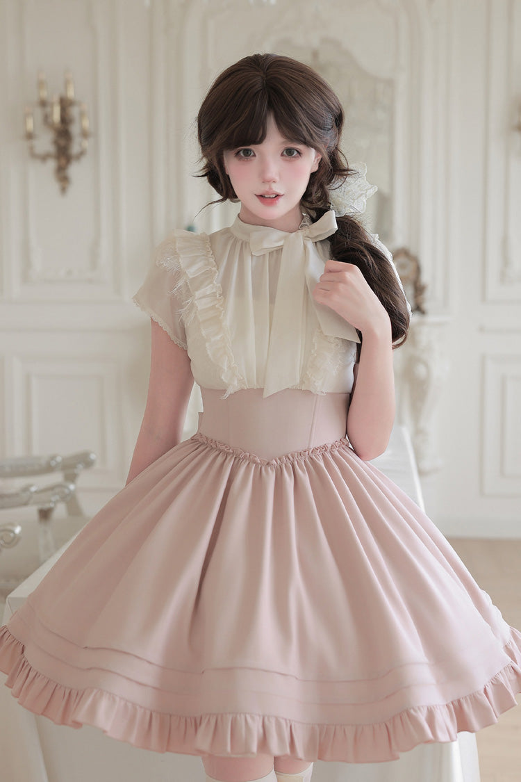 White/Pink Round Collar Short Sleeves Ruffled Bow Lace Color-Blocked Boned Sweet Lolita Dress 2 Versions - Product - 11
