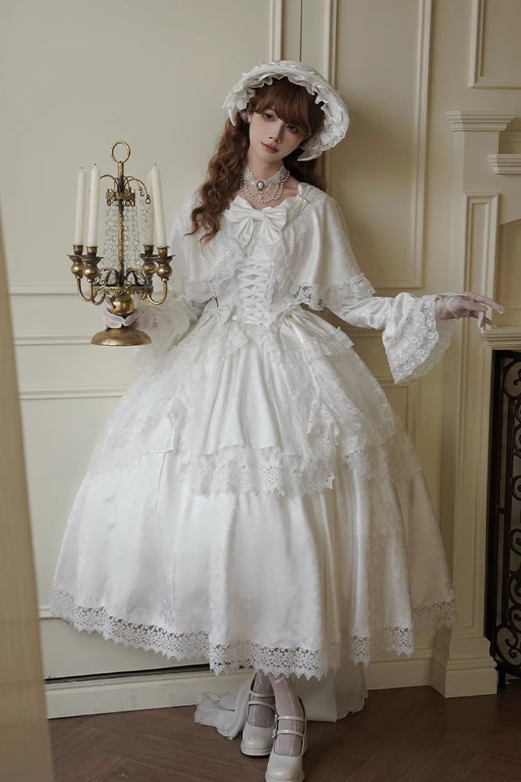White [Cherish] Long Trumpet Sleeves Ruffle Hanayome Bowknot Lace-Up Sweet Lolita Dress - Product - 3