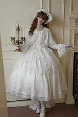 White [Cherish] Long Trumpet Sleeves Ruffle Hanayome Bowknot Lace-Up Sweet Lolita Dress - Product - 3