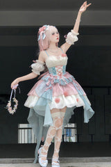 Pink/Blue [Camellia Covenant] Halterneck Ruffled Bow Lace Lace-Up Sweet Lolita Jsk Dress - Product - 7