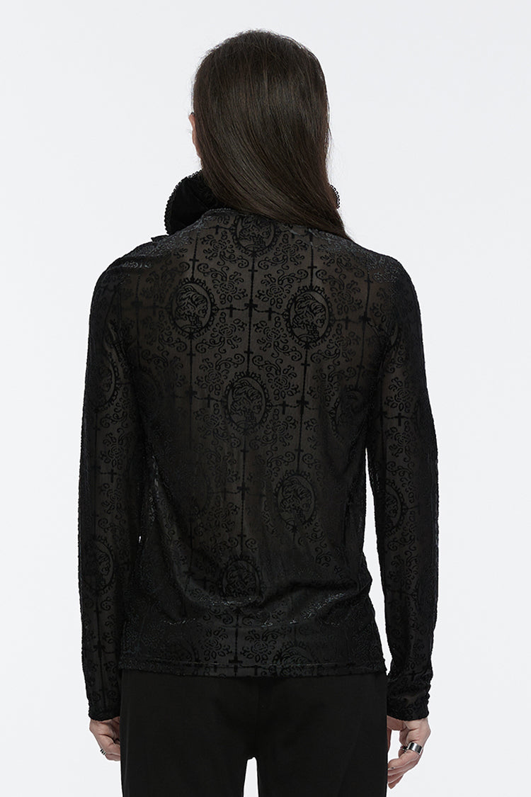 Black Stand Collar Long Sleeves Print Ruffle Men's Gothic Blouse - Product - 3