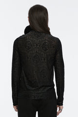 Black Stand Collar Long Sleeves Print Ruffle Men's Gothic Blouse - Product - 3