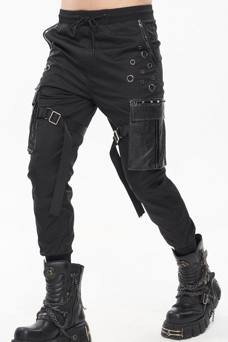 Black Punk Multi-Pocket Leather Splicing Metal Leg Ring Men's Pants - Product - 4