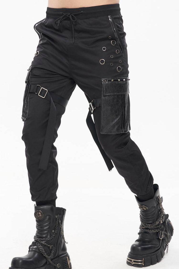 Black Punk Multi-Pocket Leather Splicing Metal Leg Ring Men's Pants - Product - 4