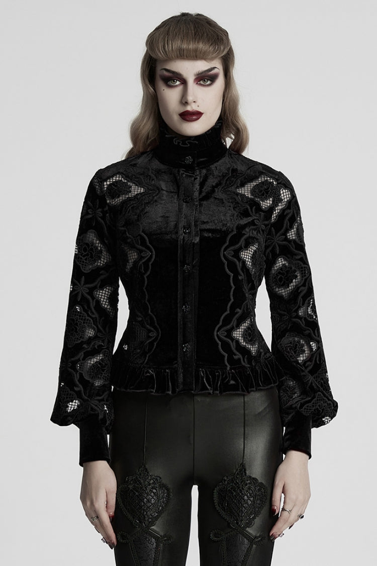 Black Long Sleeves Ruffle Floral Embroidery Women's Gothic Blouse - Black - 1