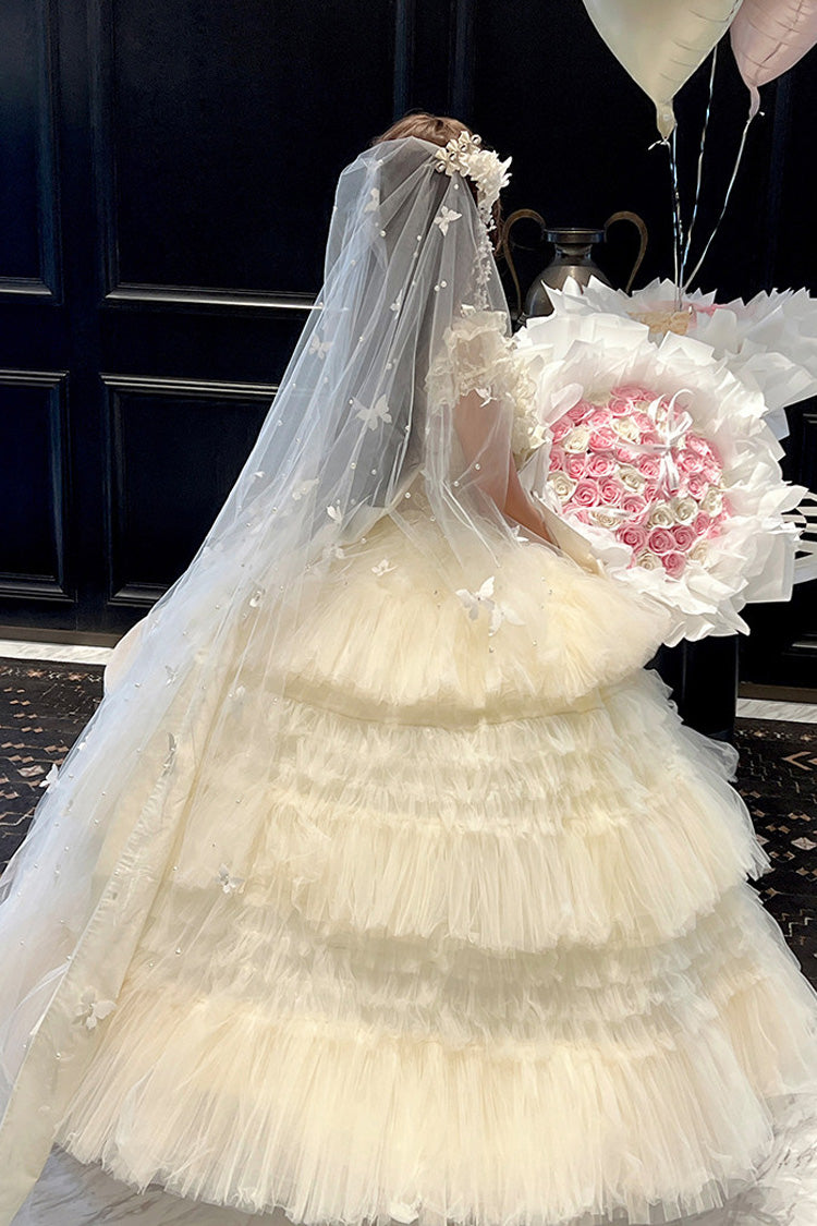 White [Maiden’s Love] Off Shoulder Triple-Layered Ruffled Hanayome Bow Lace Sweet Princess Lolita Dress - Product - 14