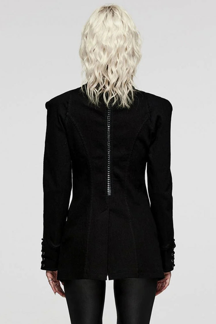 Black Denim Eyelet Rope Stand Collar Zipper Slim Irregular Womens Steampunk Coat - Product - 3