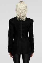 Black Denim Eyelet Rope Stand Collar Zipper Slim Irregular Womens Steampunk Coat - Product - 3