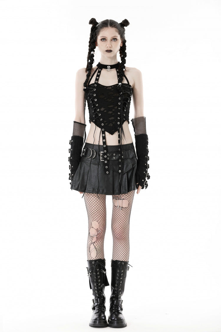 Black Halterneck Eyelet Lace-Up Ripped Women's Punk Tank Top - Product - 5