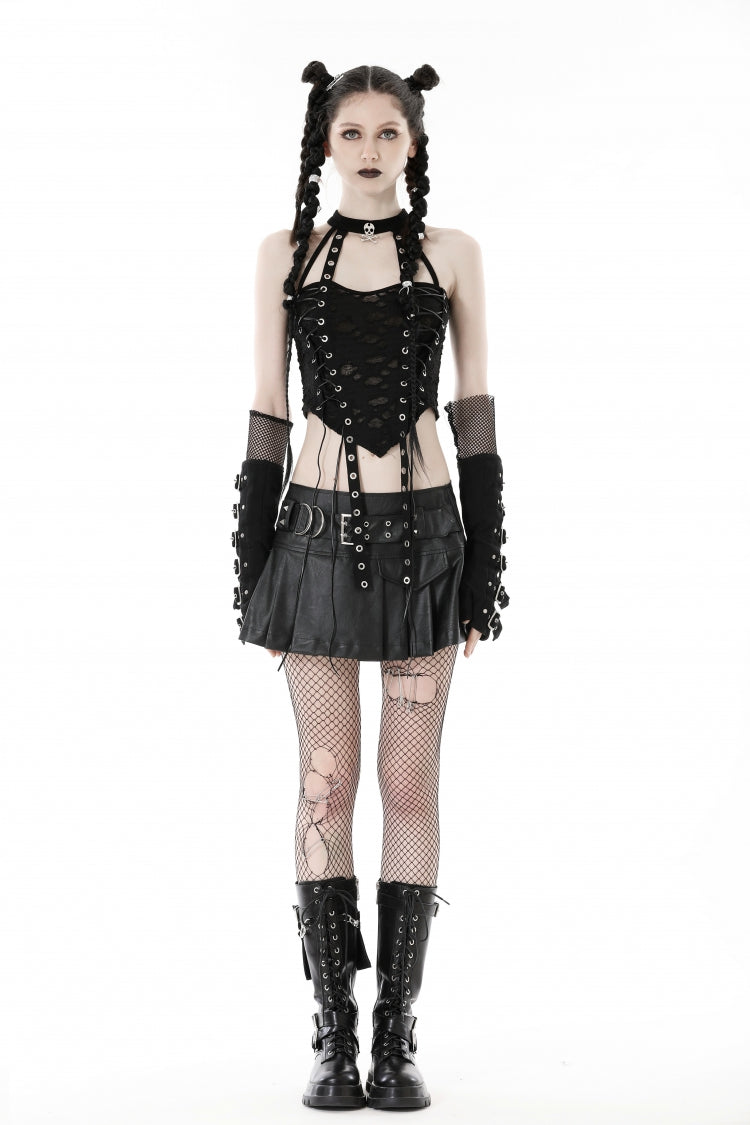 Black Halterneck Eyelet Lace-Up Ripped Women's Punk Tank Top - Product - 5