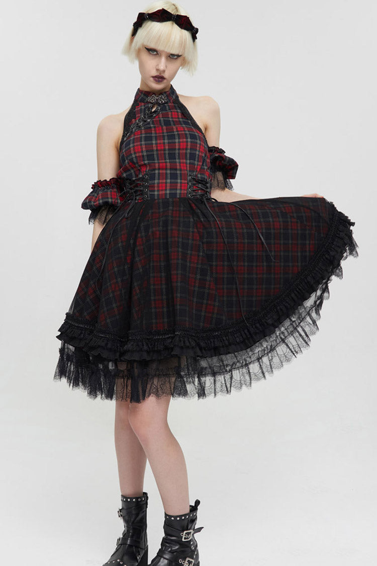 Black/Red Punk Off The Shoulder Plaid Chinese Style Cheongsam Collar Oversized Hem Women's Dress - Product - 5