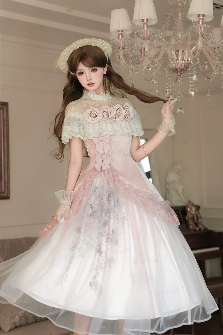 Pink [Rose Poems] Ruffle Embroidery Bowknot Lace Asymmetric Sweet Elegant Lolita Dress Set - Product - 3