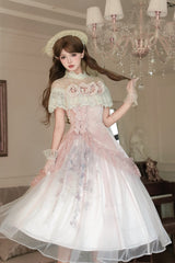 Pink [Rose Poems] Ruffle Embroidery Bowknot Lace Asymmetric Sweet Elegant Lolita Dress Set - Product - 3