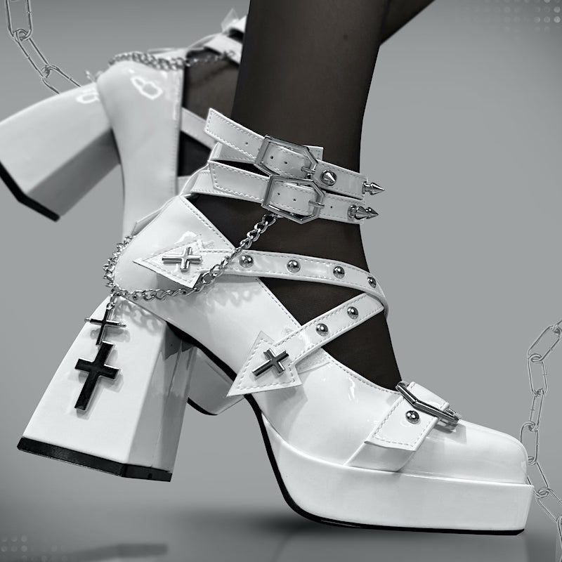 Chain Cross Gothic Punk Princess Lolita High Heels 2 Colors - White - 1
