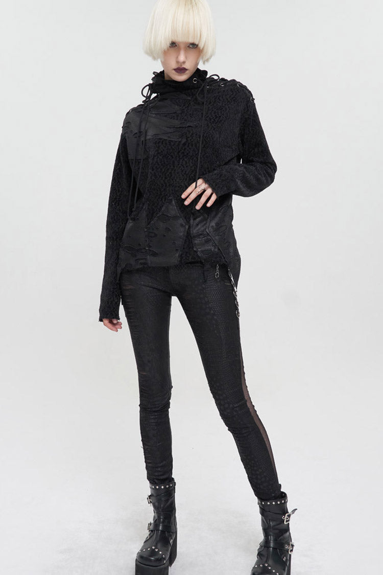 Black Wool Fabric Distressed Stitching Irregularly Pointed Hem Decadent Wind Long Sleeve Women's Punk Sweater - Product - 8