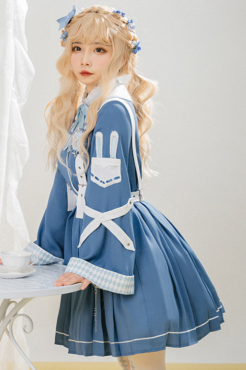 Blue Retro Trumpet Sleeves Alice Detective Sweet Lolita OP Dress - Product - 3