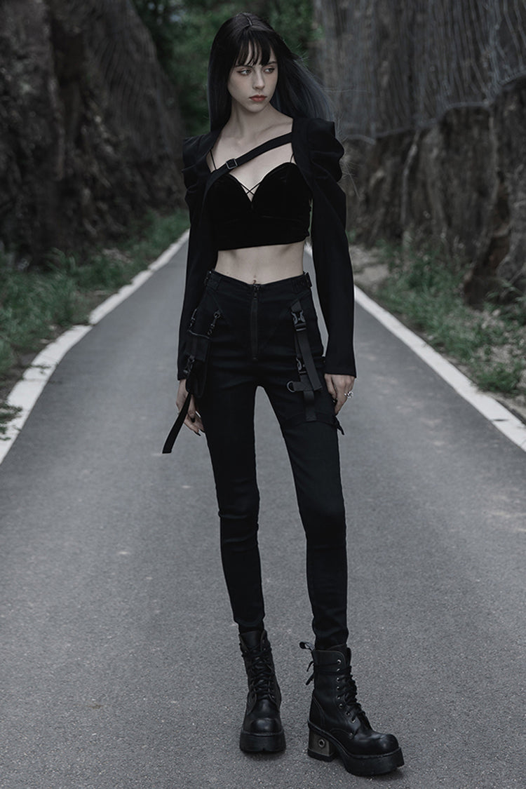 Black Functional Tooling Style Pocket Belt Trim V-Shaped Split Zipper Women's Punk Trousers - Product - 3