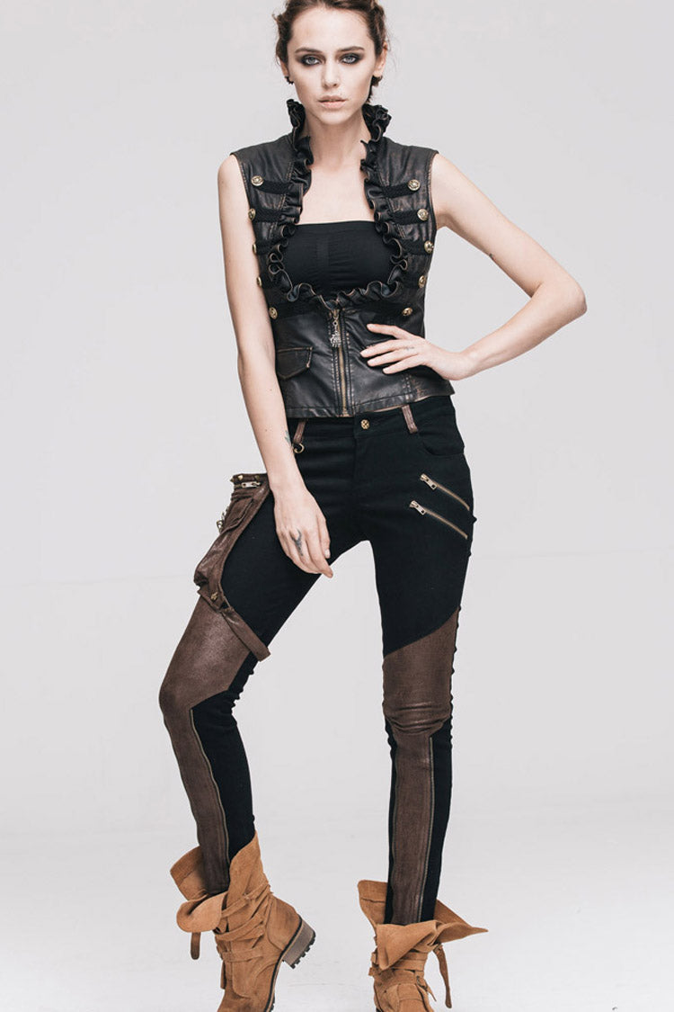 Punk Black Metal Ring Decoration Brown Leg Bag Twill Women's Pants - Product - 8