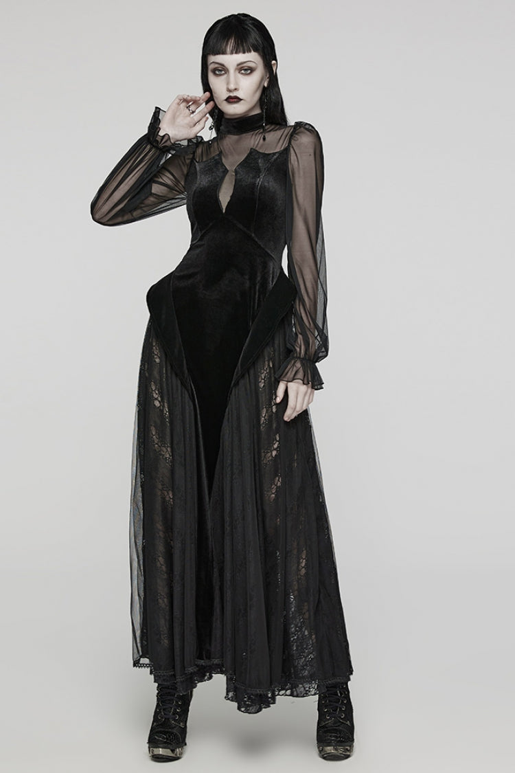 Black Long Sleeves Ruffle Lace Lace-Up Mesh Women's Gothic Dress - Product - 4