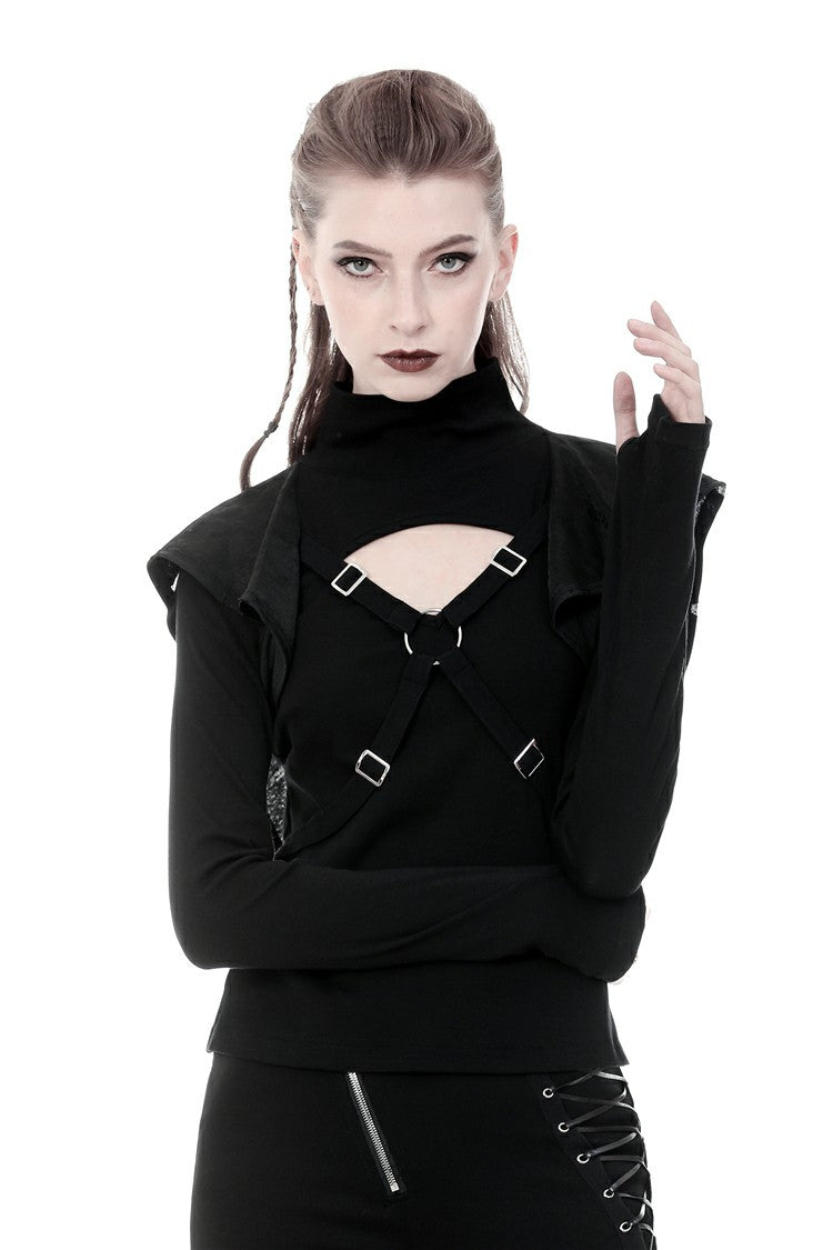 Black Women's Punk Long Sleeves Cut-Out Cross Connection Front Hooded Top - Black - 1