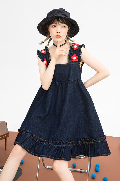 Black Denim Ruffled Strap With Flower Accessories High Waisted Sweet Lolita Strap Dress - Product - 7