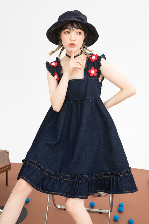 Black Denim Ruffled Strap With Flower Accessories High Waisted Sweet Lolita Strap Dress - Product - 7