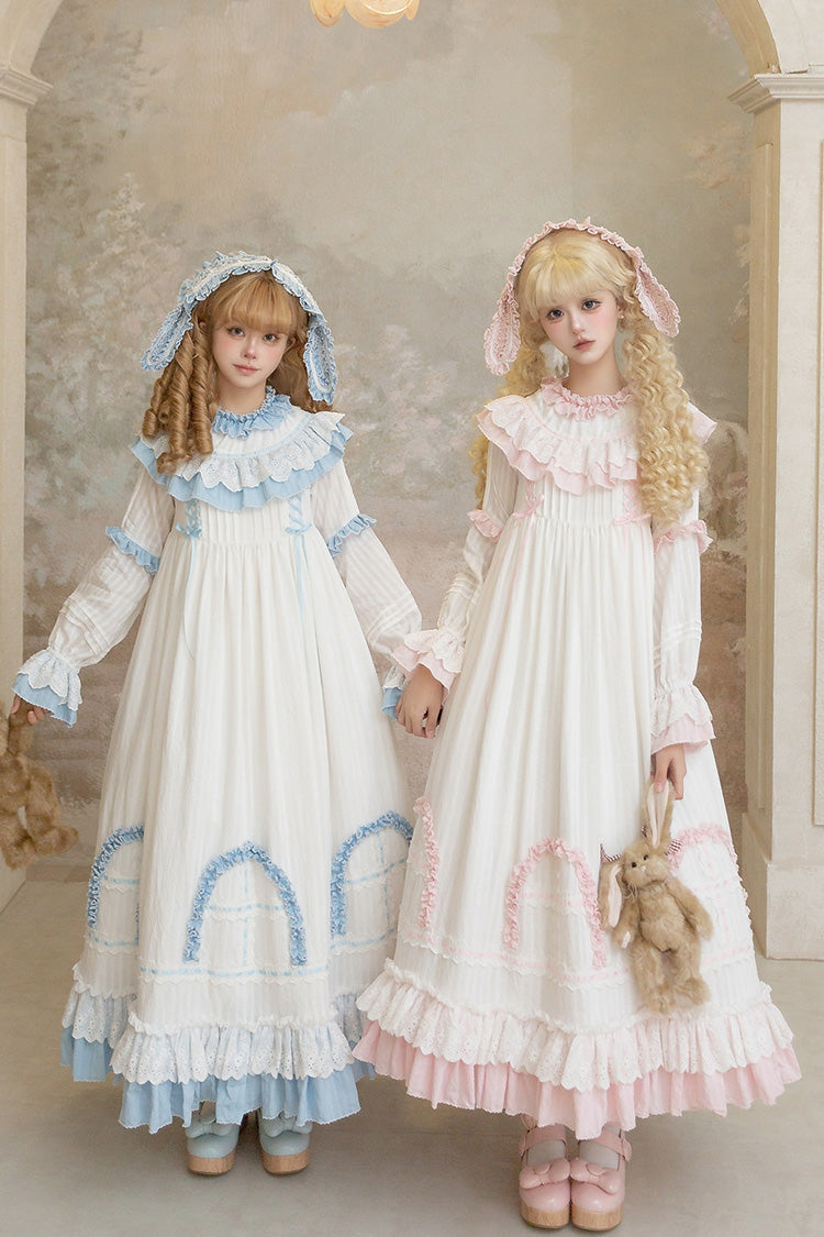 Pink [Twin Lilian] Round Collar Long Sleeves Double-Layered Ruffled Bow Lace-Up Sweet Lolita Dress - Product - 9