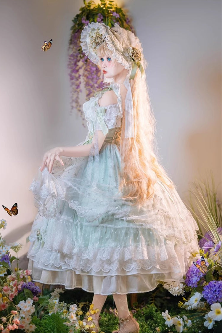Green [Glazed Phantom] Off Shoulder Ruffle Hanayome Bowknot Lace Sweet Elegant Lolita Dress - Product - 7