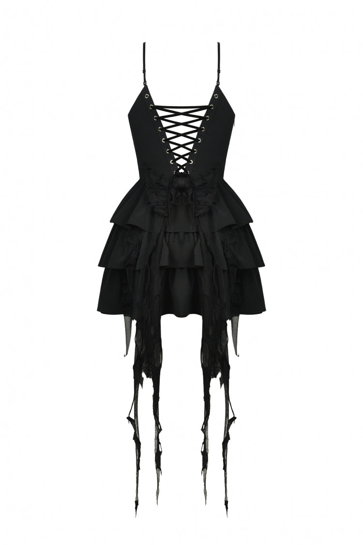 Black Little Devil Sleeveless Multi-Layered Lace-Up Women's Punk Slip Graduation Dress - Product - 12