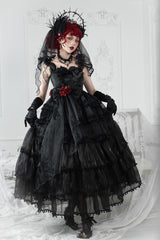 Black Multi-Layered Ruffled Hanayome Bow Pearl-Decorated Gothic Lolita Jsk Dress Full Set 2 Versions - Black(Long Version) - 1