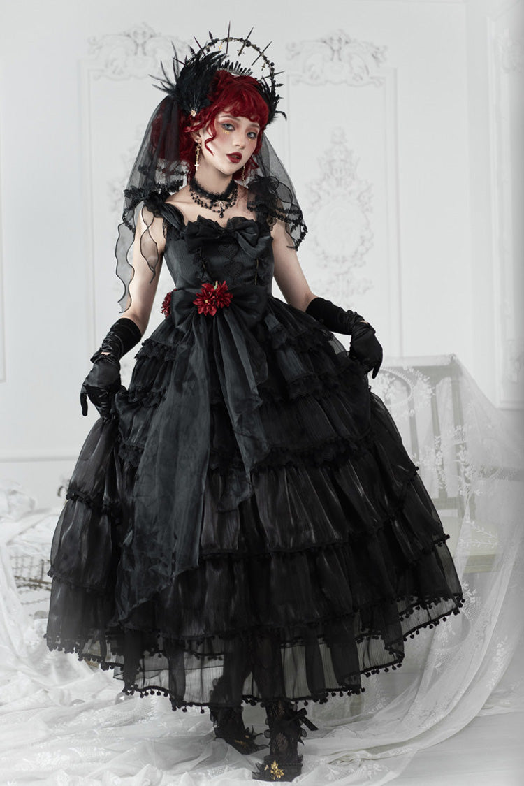 Black Multi-Layered Ruffled Hanayome Bow Pearl-Decorated Gothic Lolita Jsk Dress Full Set 2 Versions - Black(Long Version) - 1