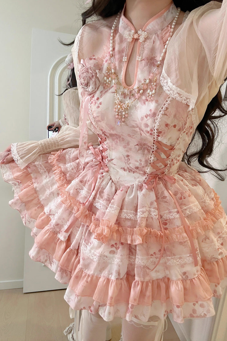 Peach Moon Bamboo Halterneck Multi-layer Print Ruffle Sweet Chinese Style Lolita Dress 2 Colors - Product - 11