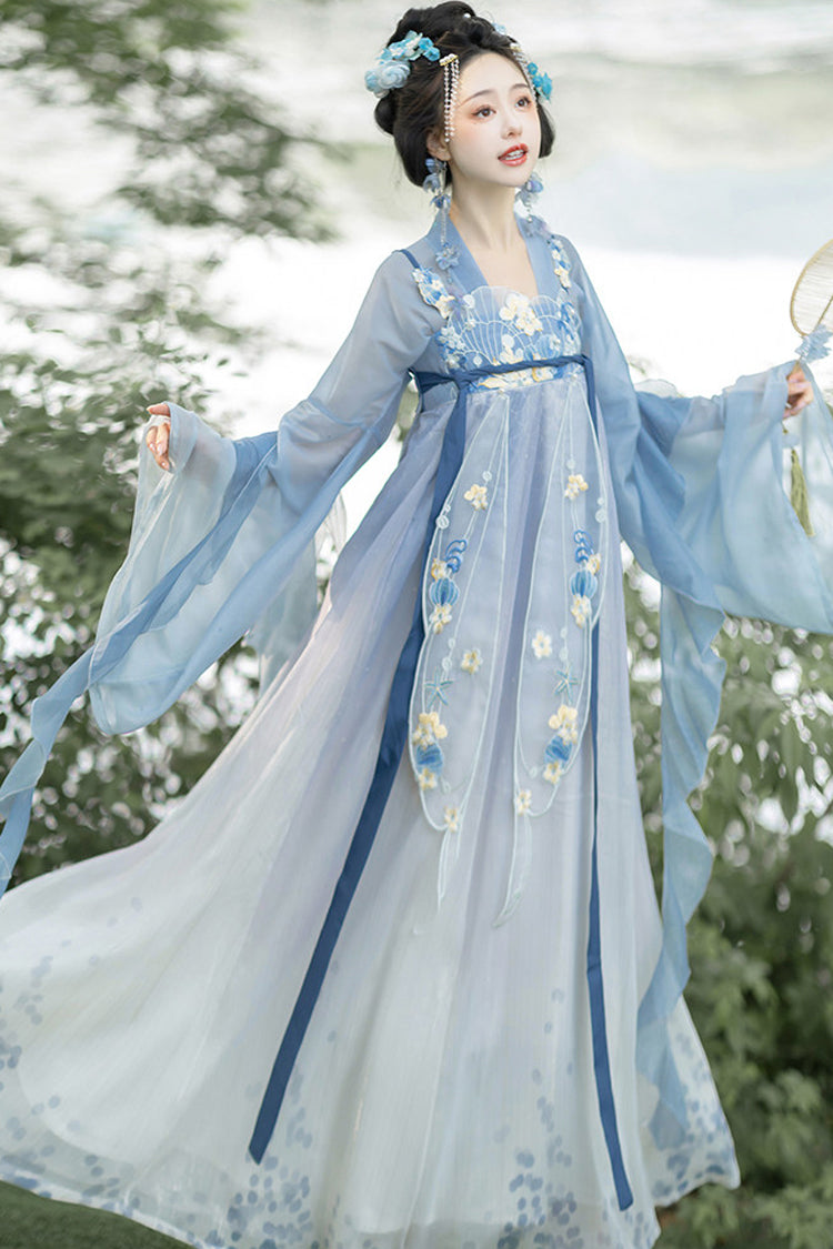 Blue [Princess Of The Sea] Hime Sleeves High Waisted Embroidered Women's Sweet Hanfu Dress Set - Product - 3