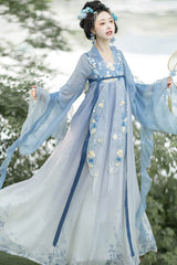 Blue [Princess Of The Sea] Hime Sleeves High Waisted Embroidered Women's Sweet Hanfu Dress Set - Product - 3