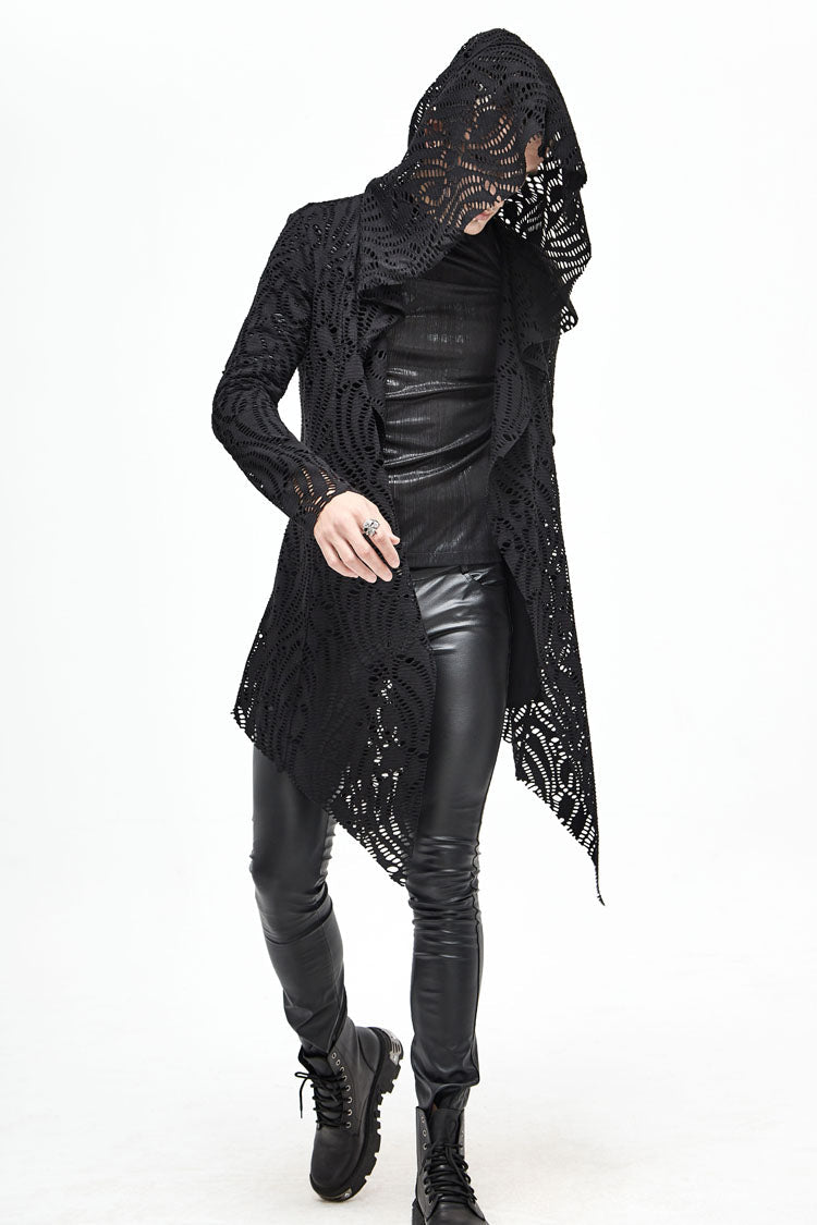 Black V Neck Long Sleeve Sharp Corner Hem Broken Holes Men's Punk Coat - Product - 2