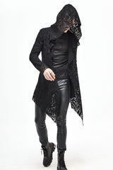 Black V Neck Long Sleeve Sharp Corner Hem Broken Holes Men's Punk Coat - Product - 2