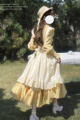 Yellow Long Sleeves Print Ruffle Lace-Up Sweet Elegant Lolita Dress - Product - 9