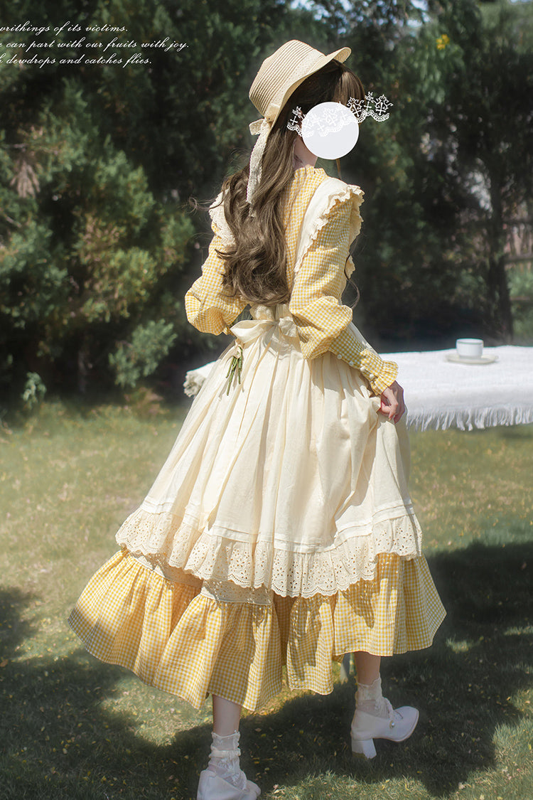 Yellow Long Sleeves Print Ruffle Lace-Up Sweet Elegant Lolita Dress - Product - 9
