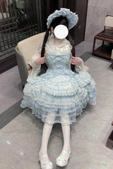 Blue [Sweetheart Diary] Multi-Layered Ruffle Hanayome Embroidery Bowknot Lace Sweet Lolita Jsk Dress - Product - 7