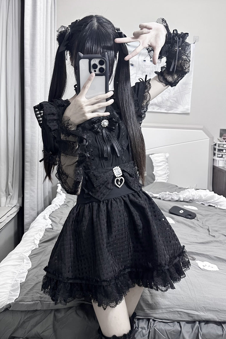 Black Ruffle Hollow Bowknot Lace Jirai Kei Japanese Skirt - Product - 3